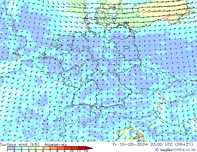 Bodenwind (bft) Arpege-eu Fr 10.05.2024 03 UTC