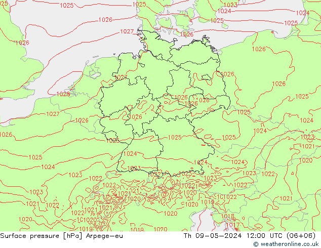 地面气压 Arpege-eu 星期四 09.05.2024 12 UTC