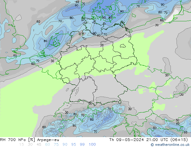 RH 700 hPa Arpege-eu Qui 09.05.2024 21 UTC