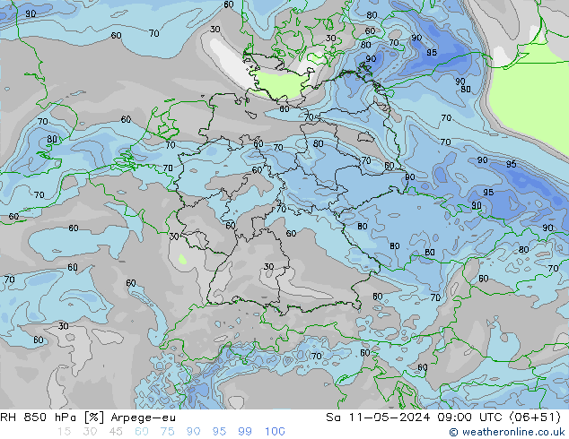 RH 850 hPa Arpege-eu Sáb 11.05.2024 09 UTC