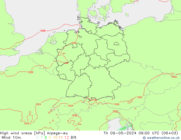 High wind areas Arpege-eu 星期四 09.05.2024 09 UTC