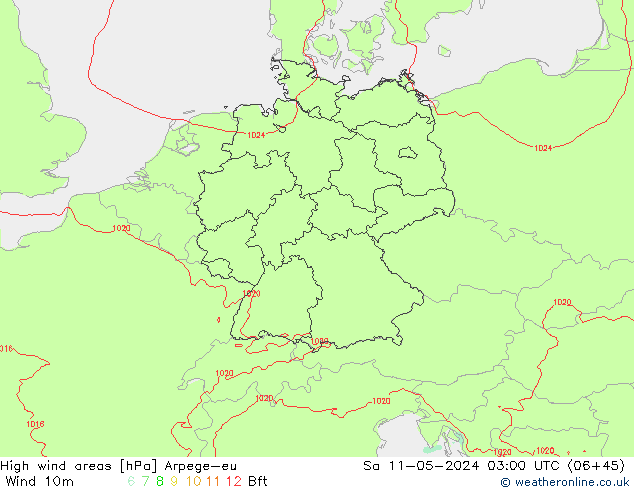 High wind areas Arpege-eu  11.05.2024 03 UTC