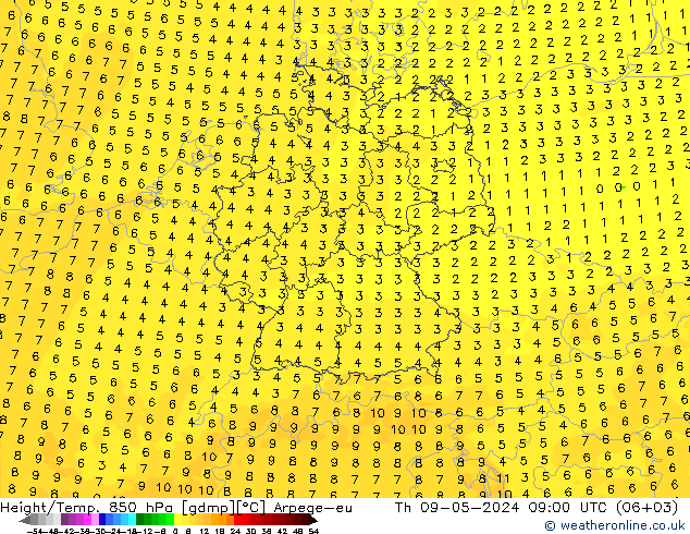 Geop./Temp. 850 hPa Arpege-eu jue 09.05.2024 09 UTC