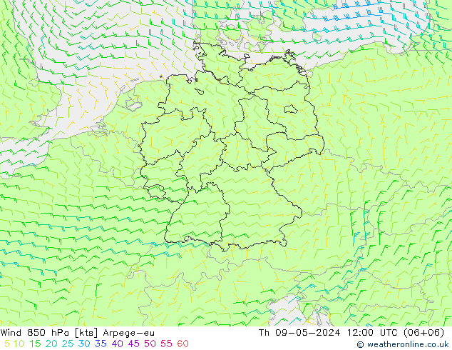 Wind 850 hPa Arpege-eu do 09.05.2024 12 UTC