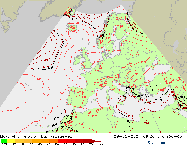 Max. wind velocity Arpege-eu 星期四 09.05.2024 09 UTC