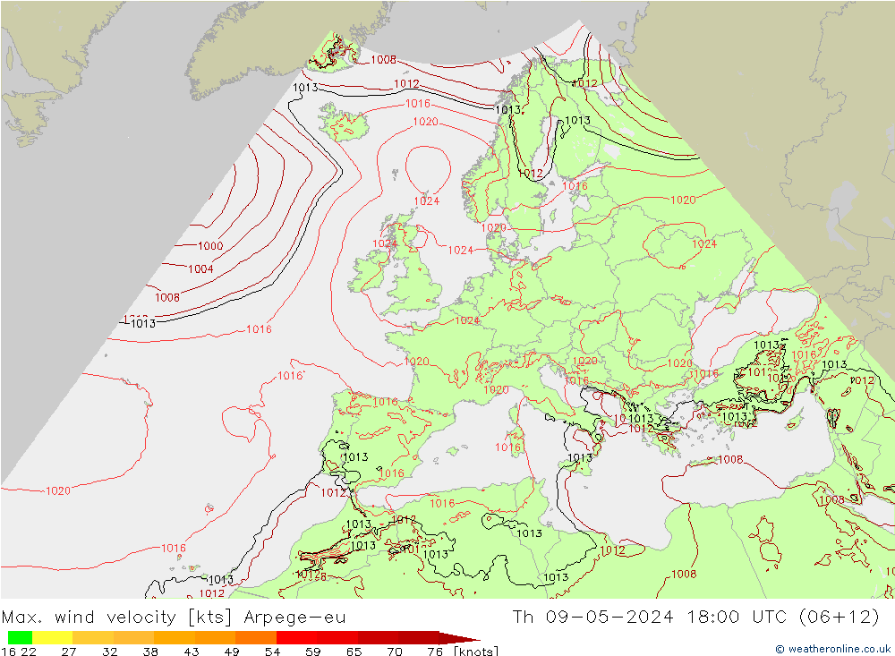 Max. wind velocity Arpege-eu  09.05.2024 18 UTC