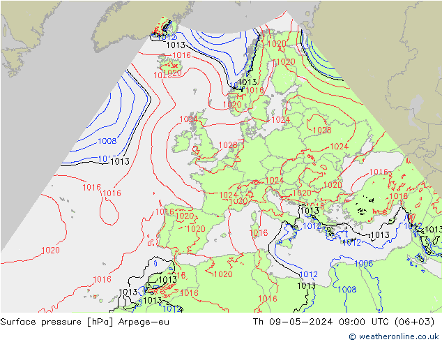 приземное давление Arpege-eu чт 09.05.2024 09 UTC
