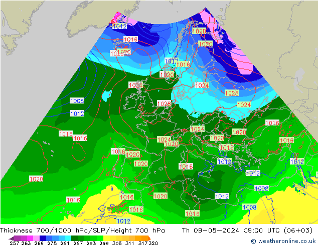 Schichtdicke 700-1000 hPa Arpege-eu Do 09.05.2024 09 UTC