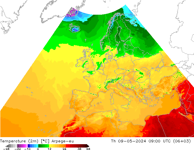 Temperaturkarte (2m) Arpege-eu Do 09.05.2024 09 UTC