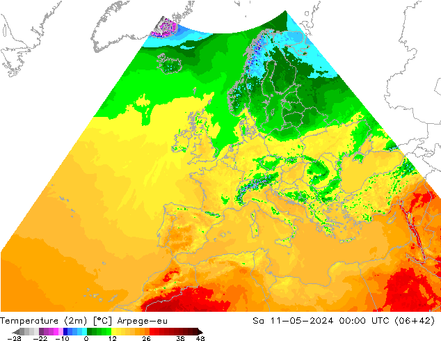 Temperaturkarte (2m) Arpege-eu Sa 11.05.2024 00 UTC