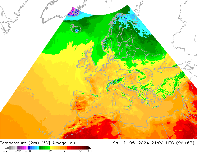 Temperatuurkaart (2m) Arpege-eu za 11.05.2024 21 UTC