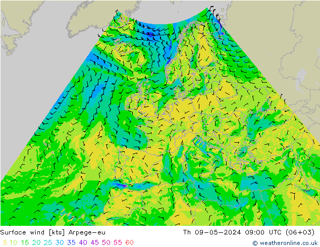 Surface wind Arpege-eu Th 09.05.2024 09 UTC
