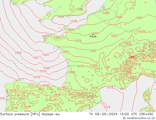 Atmosférický tlak Arpege-eu Čt 09.05.2024 15 UTC