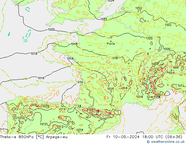 Theta-e 850hPa Arpege-eu Fr 10.05.2024 18 UTC