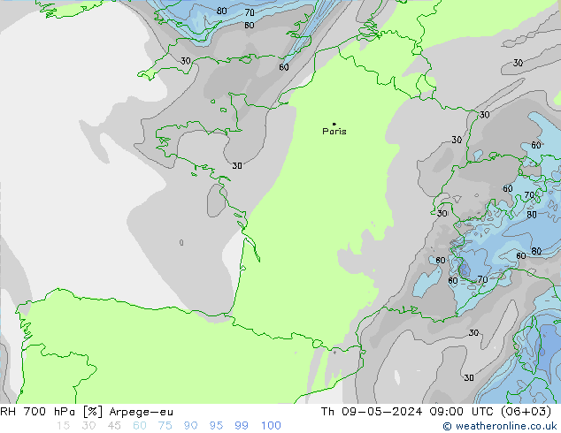 RH 700 гПа Arpege-eu чт 09.05.2024 09 UTC