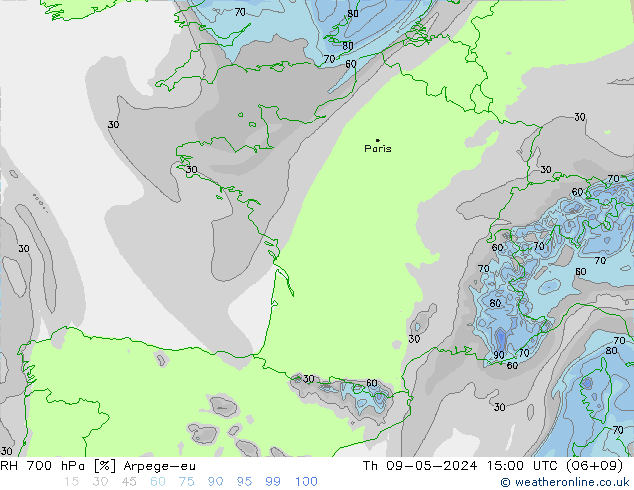 Humidité rel. 700 hPa Arpege-eu jeu 09.05.2024 15 UTC