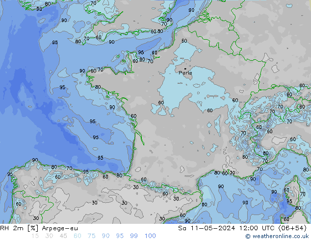 Humedad rel. 2m Arpege-eu sáb 11.05.2024 12 UTC