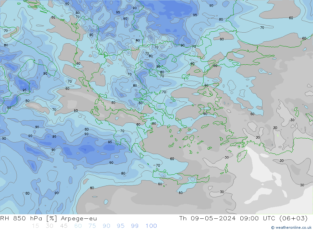 RH 850 hPa Arpege-eu gio 09.05.2024 09 UTC