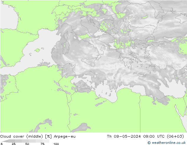 Cloud cover (middle) Arpege-eu Th 09.05.2024 09 UTC