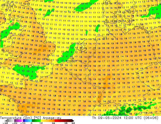 Temperatuurkaart (2m) Arpege-eu do 09.05.2024 12 UTC