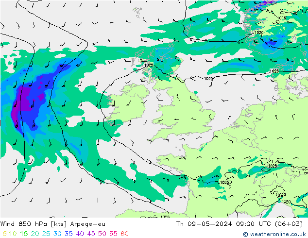 Wind 850 hPa Arpege-eu Do 09.05.2024 09 UTC