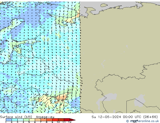 Surface wind (bft) Arpege-eu Ne 12.05.2024 00 UTC