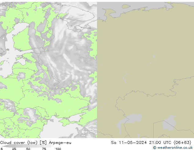 Cloud cover (low) Arpege-eu Sa 11.05.2024 21 UTC