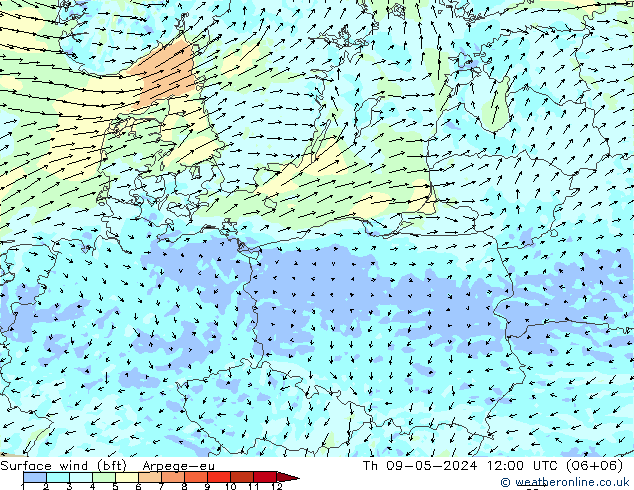 Surface wind (bft) Arpege-eu Čt 09.05.2024 12 UTC