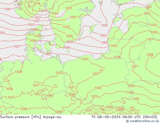 Pressione al suolo Arpege-eu gio 09.05.2024 09 UTC