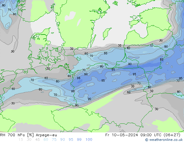Humidité rel. 700 hPa Arpege-eu ven 10.05.2024 09 UTC