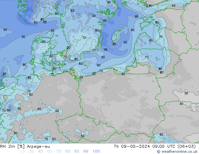 RH 2m Arpege-eu Th 09.05.2024 09 UTC
