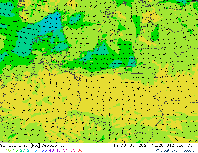 wiatr 10 m Arpege-eu czw. 09.05.2024 12 UTC