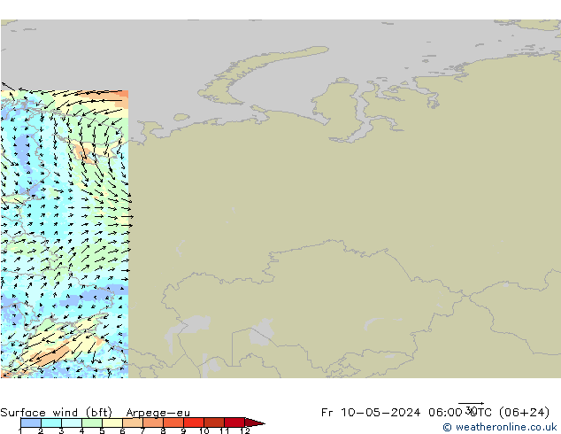 Surface wind (bft) Arpege-eu Pá 10.05.2024 06 UTC