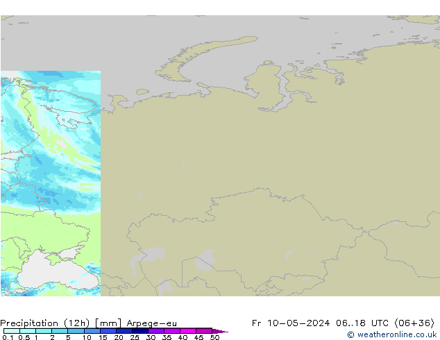 Totale neerslag (12h) Arpege-eu vr 10.05.2024 18 UTC
