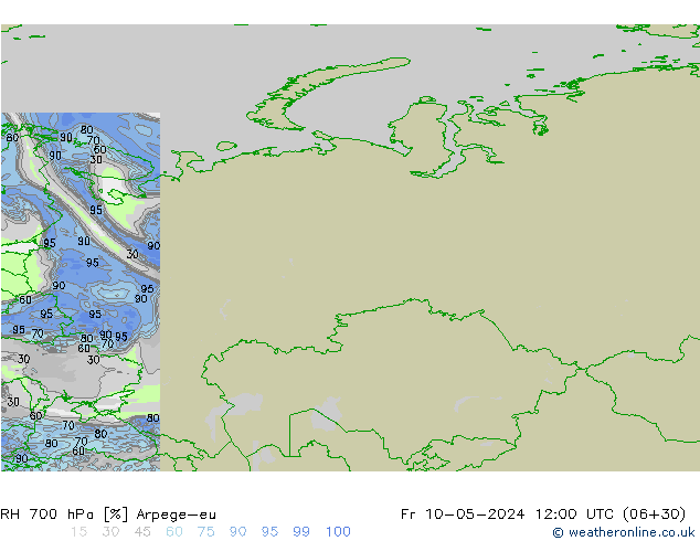 Humedad rel. 700hPa Arpege-eu vie 10.05.2024 12 UTC