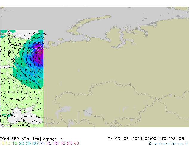 Wind 850 hPa Arpege-eu Čt 09.05.2024 09 UTC