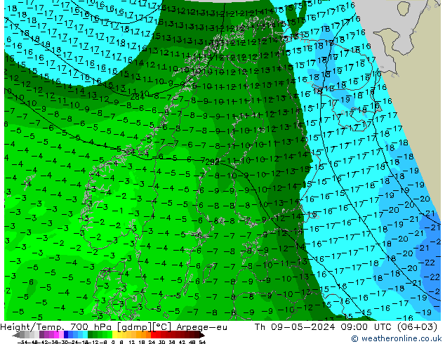 Height/Temp. 700 hPa Arpege-eu Do 09.05.2024 09 UTC