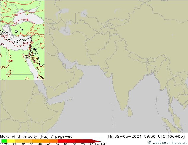 Max. wind velocity Arpege-eu 星期四 09.05.2024 09 UTC