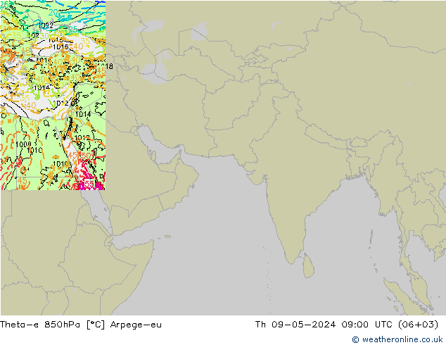 Theta-e 850hPa Arpege-eu Čt 09.05.2024 09 UTC