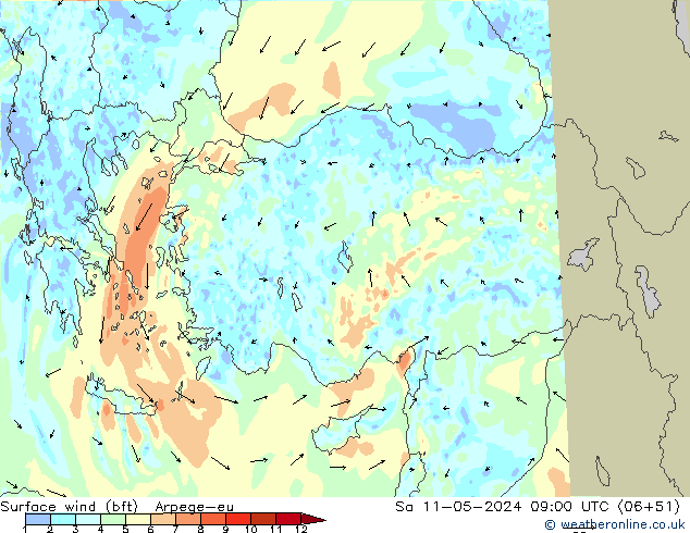 Surface wind (bft) Arpege-eu Sa 11.05.2024 09 UTC