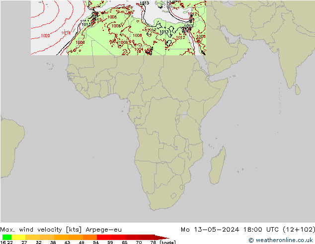 Max. wind velocity Arpege-eu lun 13.05.2024 18 UTC