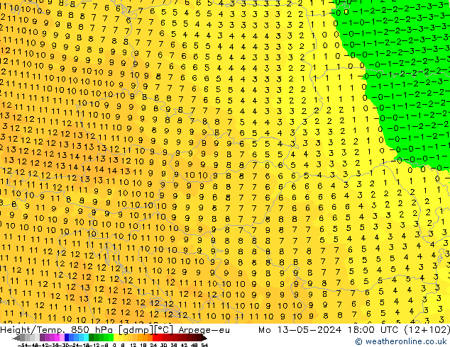 Geop./Temp. 850 hPa Arpege-eu lun 13.05.2024 18 UTC