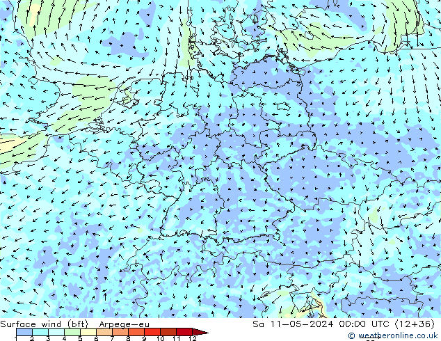 Surface wind (bft) Arpege-eu So 11.05.2024 00 UTC