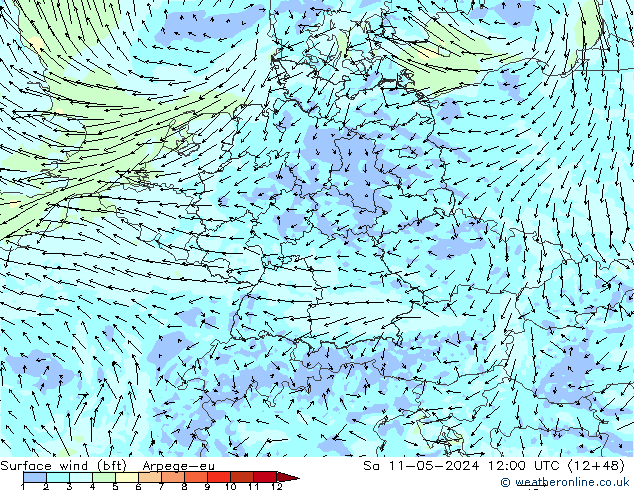Viento 10 m (bft) Arpege-eu sáb 11.05.2024 12 UTC