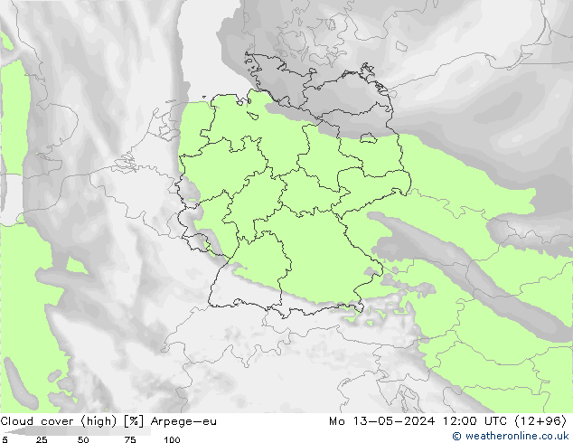 Cloud cover (high) Arpege-eu Mo 13.05.2024 12 UTC