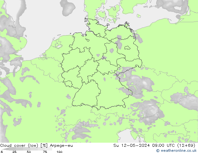 Cloud cover (low) Arpege-eu Su 12.05.2024 09 UTC