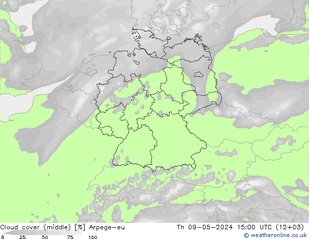 Cloud cover (middle) Arpege-eu Th 09.05.2024 15 UTC