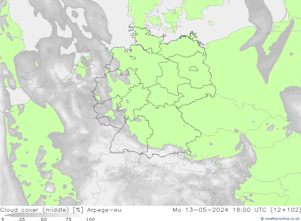 Cloud cover (middle) Arpege-eu Mo 13.05.2024 18 UTC
