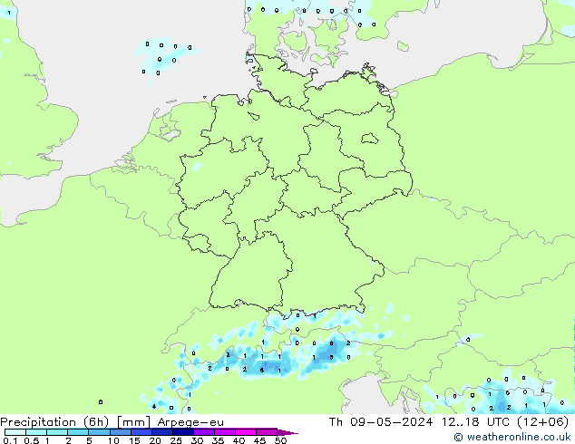 降水量 (6h) Arpege-eu 星期四 09.05.2024 18 UTC