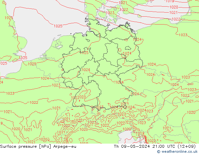 Presión superficial Arpege-eu jue 09.05.2024 21 UTC